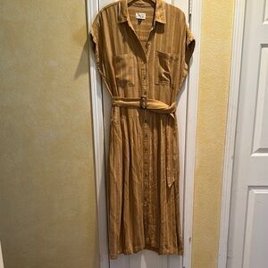 Linen Blend Striped Tan Belted Shirt Dress